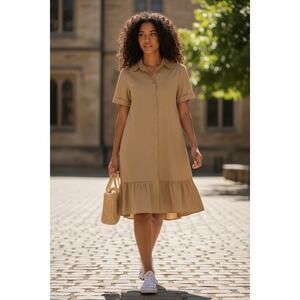 (B-65))Allegra K Women’s Beige Shirt Dress M Button Front Ruffle Hem Cotton‎ NWT